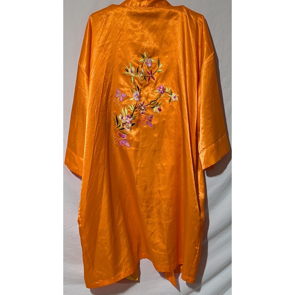 Missy Jeune Fille Orange Satin Floral Embroidered Kimono Robe One Size No Tie
